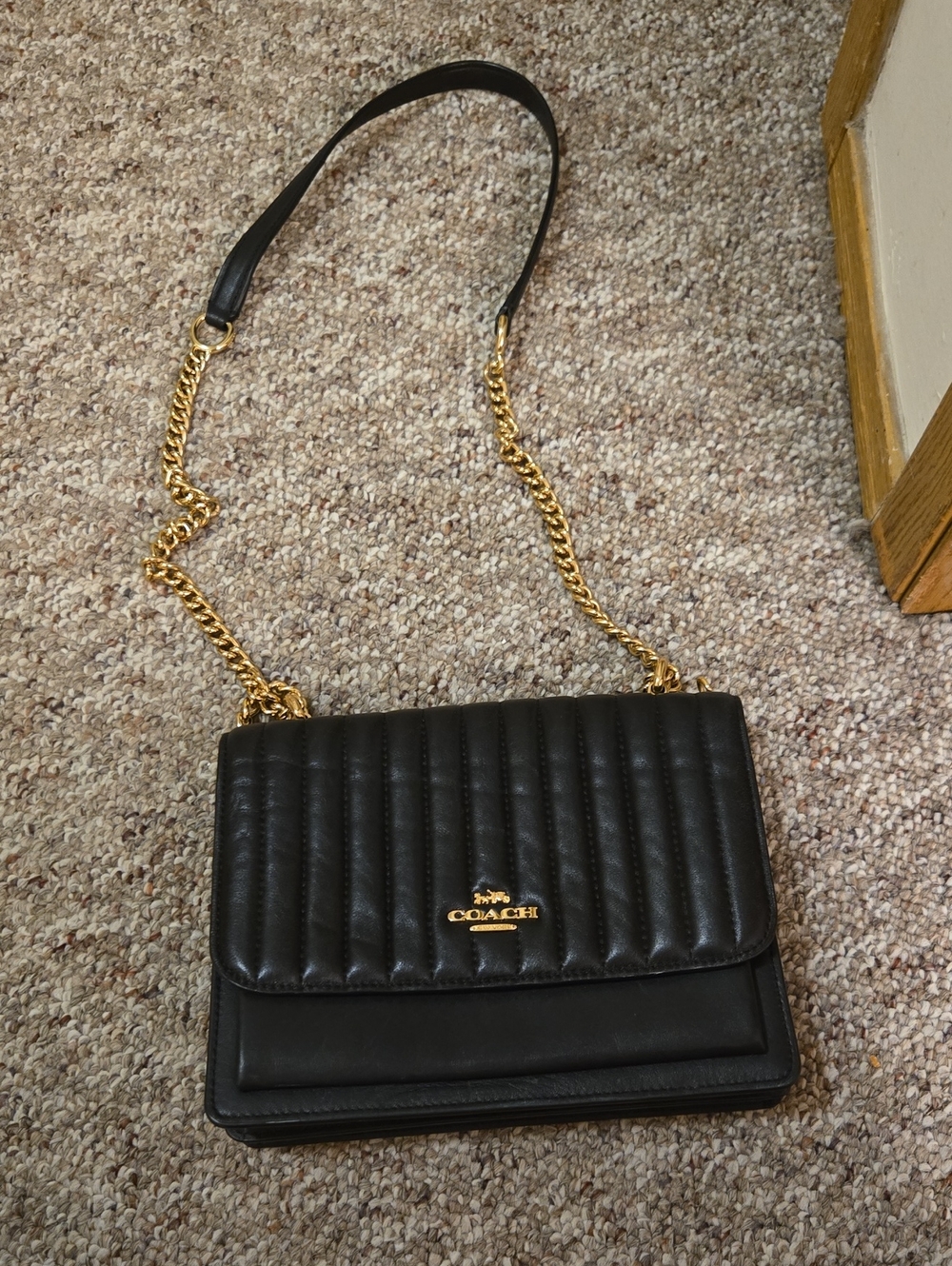 Coach Black Quilted Leather Shoulder Bag with Gold Chain